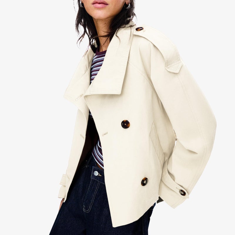 Maohao Women's Cropped Trench Coat Double Breasted Short Jacket High Collar Fall Winter Coats Trendy Outfit with Belt(Beige,XS) - Image 3