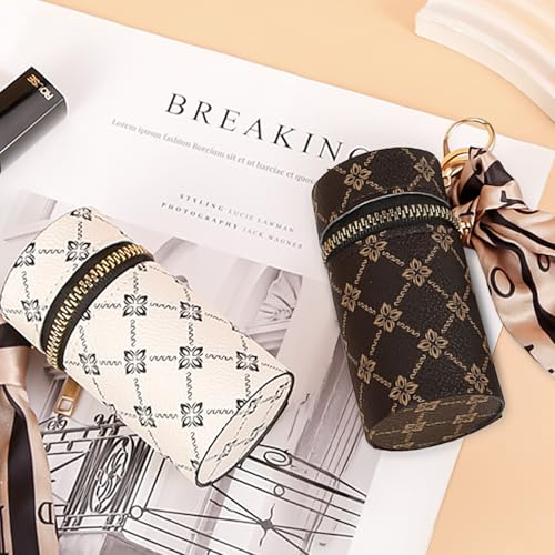 TORMEN Lipstick Case Mini Organizer with Keychain for Makeup Coins Small Essentials Brown White - Image 3