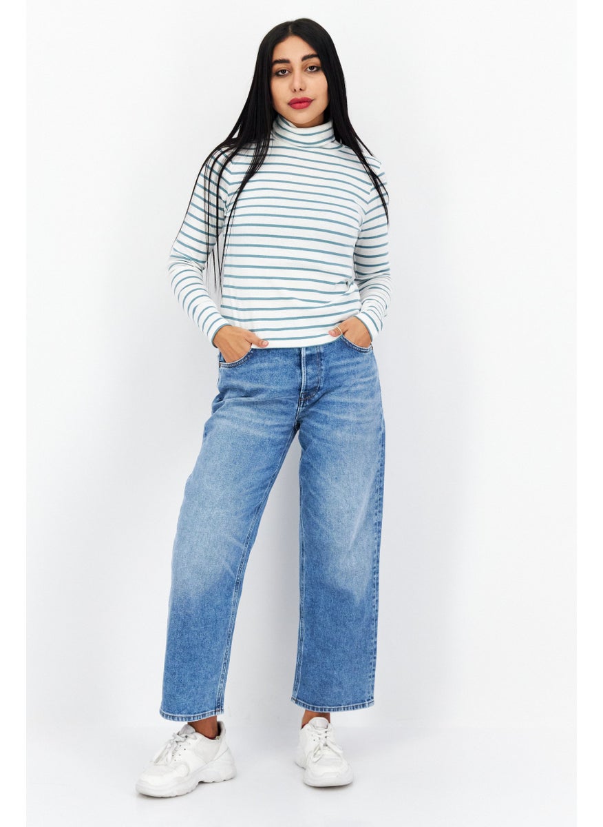 s.Oliver - Women Turtle Neck Long Sleeve Stripe Blouse, White - Image 1