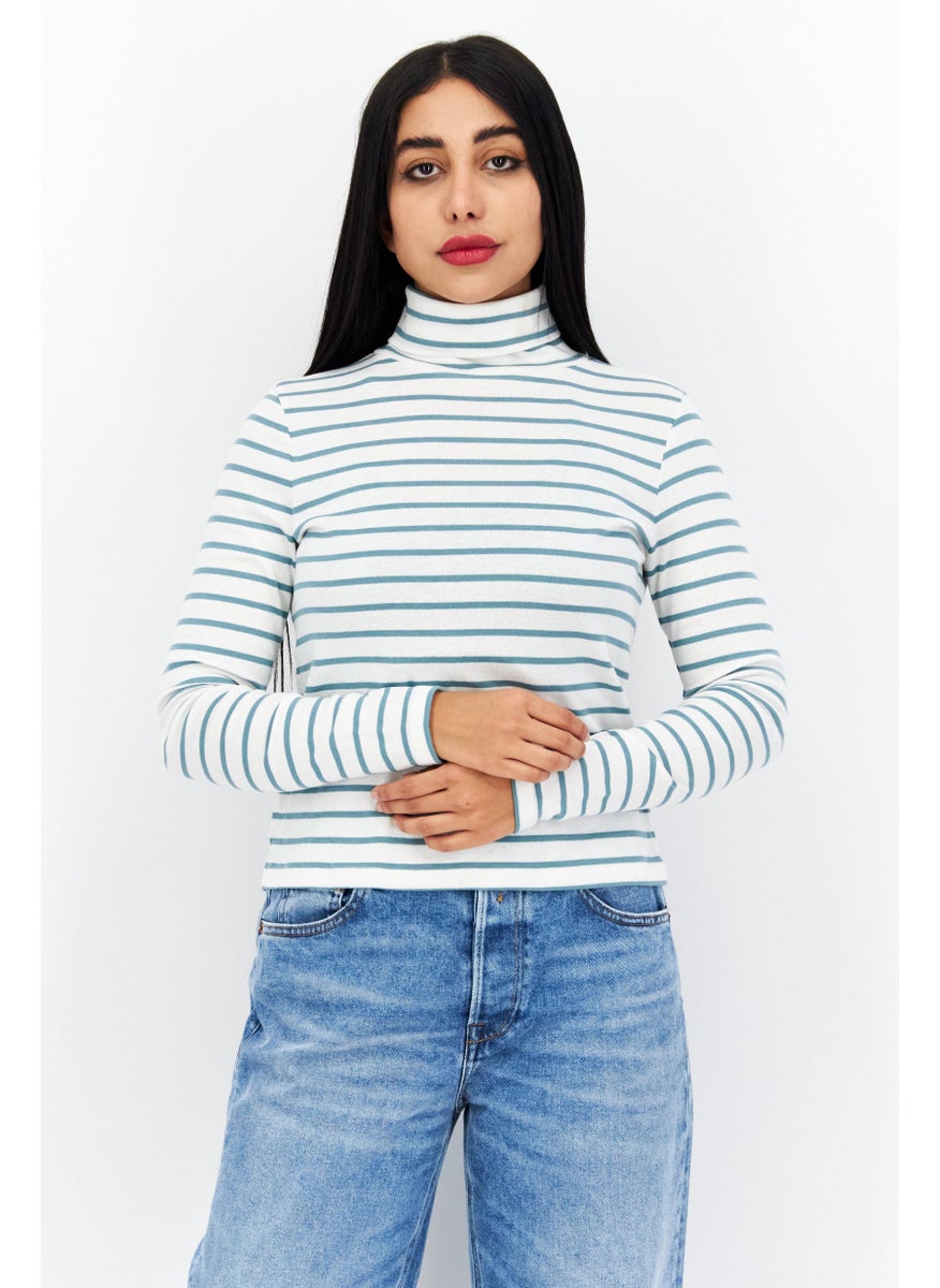 s.Oliver - Women Turtle Neck Long Sleeve Stripe Blouse, White - Image 1