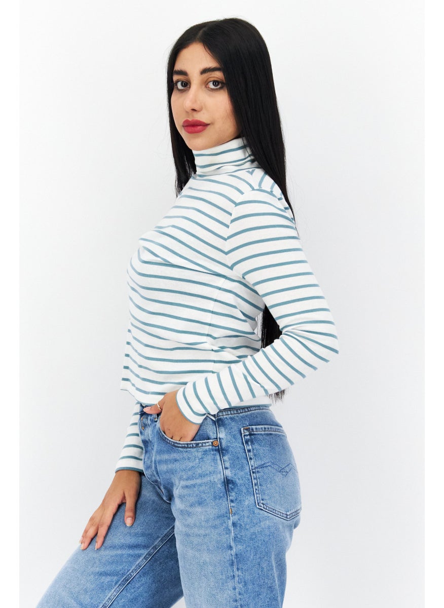s.Oliver - Women Turtle Neck Long Sleeve Stripe Blouse, White - Image 1