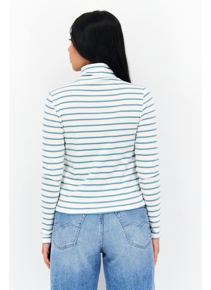 s.Oliver - Women Turtle Neck Long Sleeve Stripe Blouse, White - Image 1