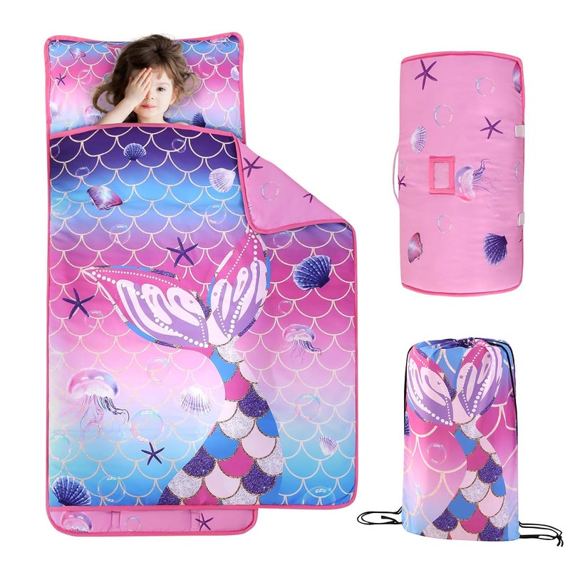 Wowelife Mermaid Toddler Nap Mat with Pillow Mermaid Sleeping Bag for Girls Preschool Nap Mats for Daycare Kindergarten Preschool Travel and Camping Pink Purple - Image 1