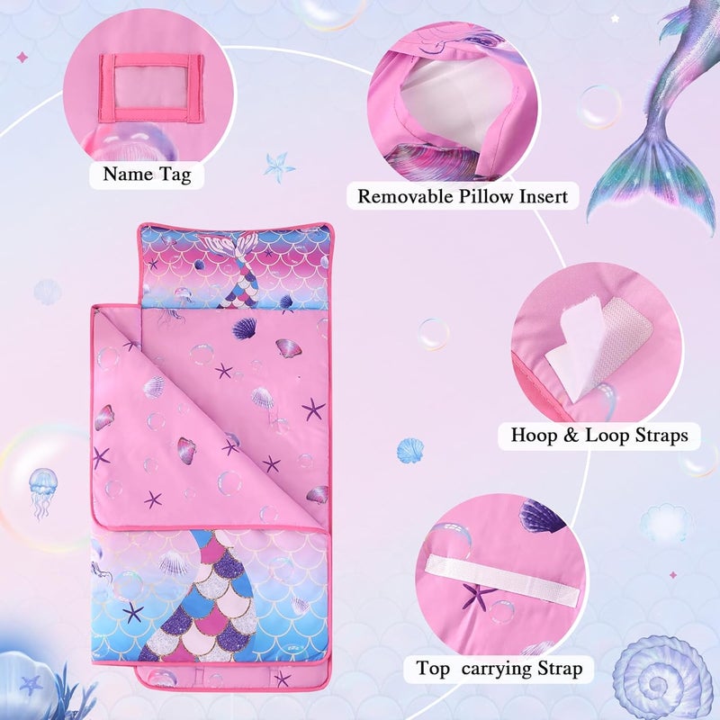 Wowelife Mermaid Toddler Nap Mat with Pillow Mermaid Sleeping Bag for Girls Preschool Nap Mats for Daycare Kindergarten Preschool Travel and Camping Pink Purple - Image 3
