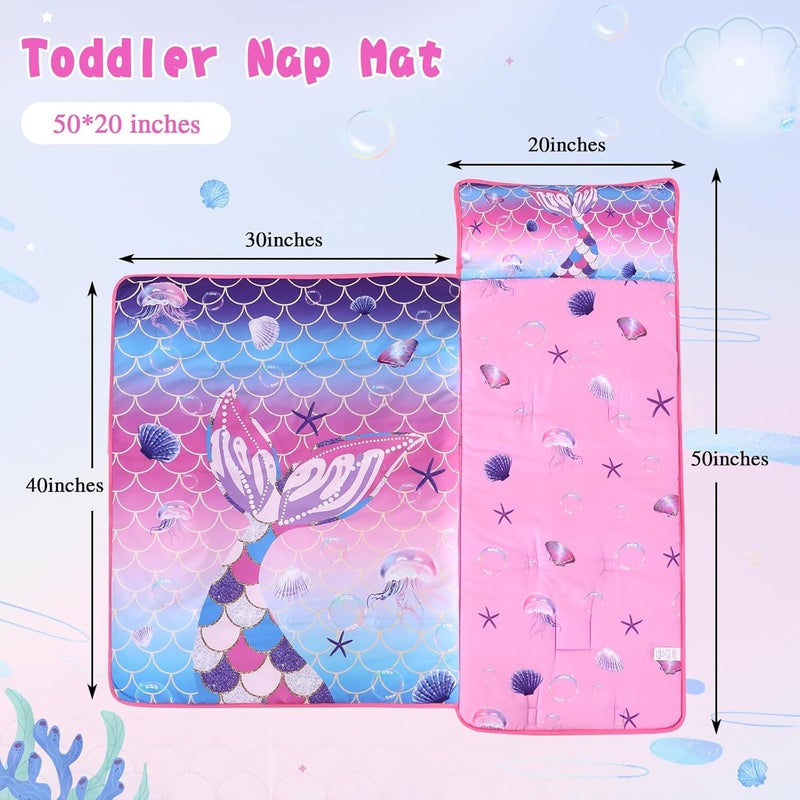 Wowelife Mermaid Toddler Nap Mat with Pillow Mermaid Sleeping Bag for Girls Preschool Nap Mats for Daycare Kindergarten Preschool Travel and Camping Pink Purple - Image 2