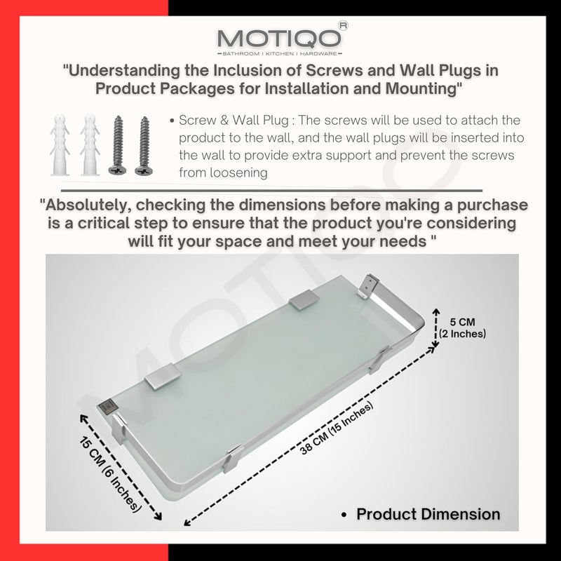 MOTIQO Premium Rectangular 8MM Frosted Glass Multipurpose Shelf with Brass Railling for Bathroom Kitchen Living Room Wall Shelves 15x6 inch Combo Pack of 2 - Image 3