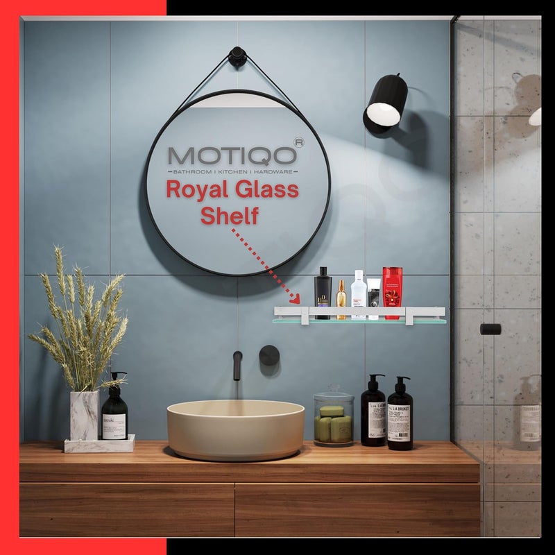 MOTIQO Premium Rectangular 8MM Frosted Glass Multipurpose Shelf with Brass Railling for Bathroom Kitchen Living Room Wall Shelves 15x6 inch Combo Pack of 2 - Image 2