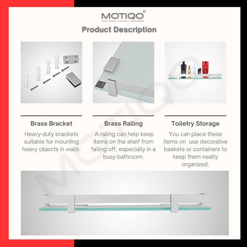 MOTIQO Premium Rectangular 8MM Frosted Glass Multipurpose Shelf with Brass Railling for Bathroom Kitchen Living Room Wall Shelves 15x6 inch Combo Pack of 2 - Image 4