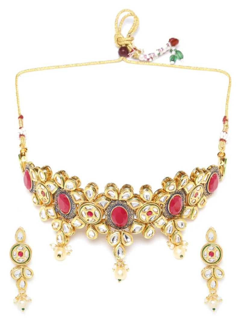 Priyaasi Maroon Kundan-Studded  Beaded Handcrafted Choker Jewellery Set
