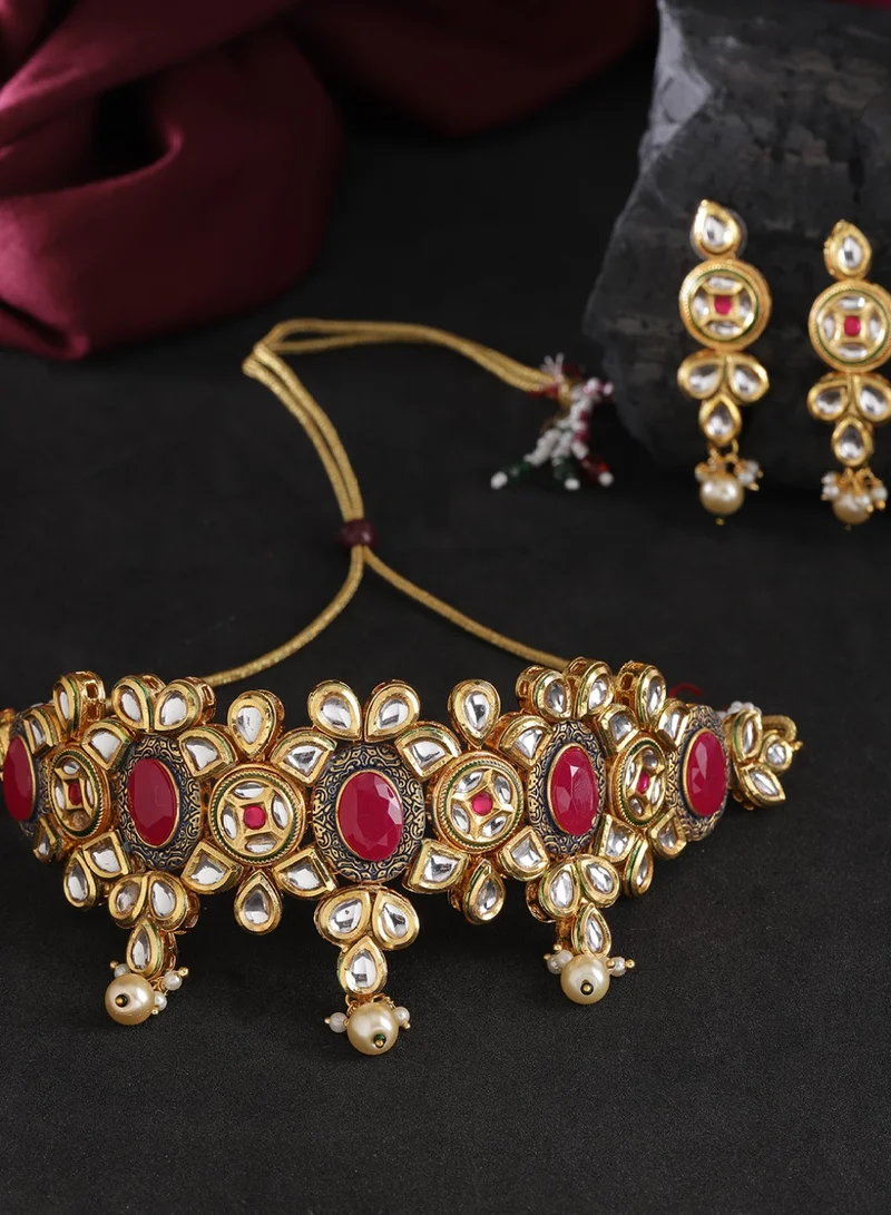 Priyaasi Maroon Kundan-Studded  Beaded Handcrafted Choker Jewellery Set