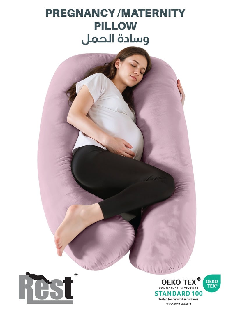 REST Premium Velvet U Shaped Pregnancy Pillow  70x140cm  Maternity Full Body Pillow For Pregnant Women for Back , Hip , Neck and Knee Support with Removal Cover , Pink - Image 1