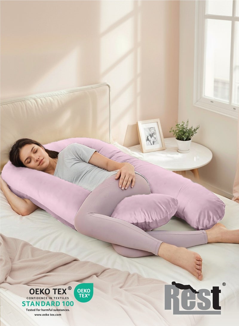REST Premium Velvet U Shaped Pregnancy Pillow  70x140cm  Maternity Full Body Pillow For Pregnant Women for Back , Hip , Neck and Knee Support with Removal Cover , Pink - Image 2