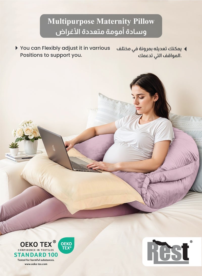 REST Premium Velvet U Shaped Pregnancy Pillow  70x140cm  Maternity Full Body Pillow For Pregnant Women for Back , Hip , Neck and Knee Support with Removal Cover , Pink - Image 4