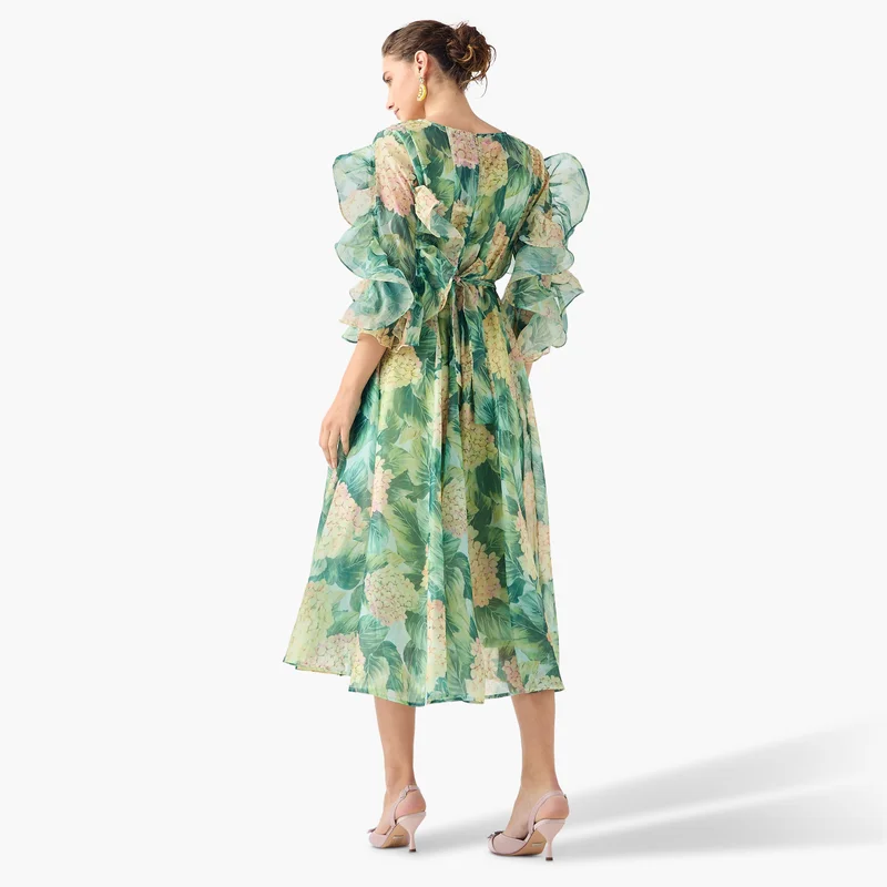 2Xtremz 2Xtremz Floral Print Midi Dress with Ruffle Sleeves and Tie-Up Belt