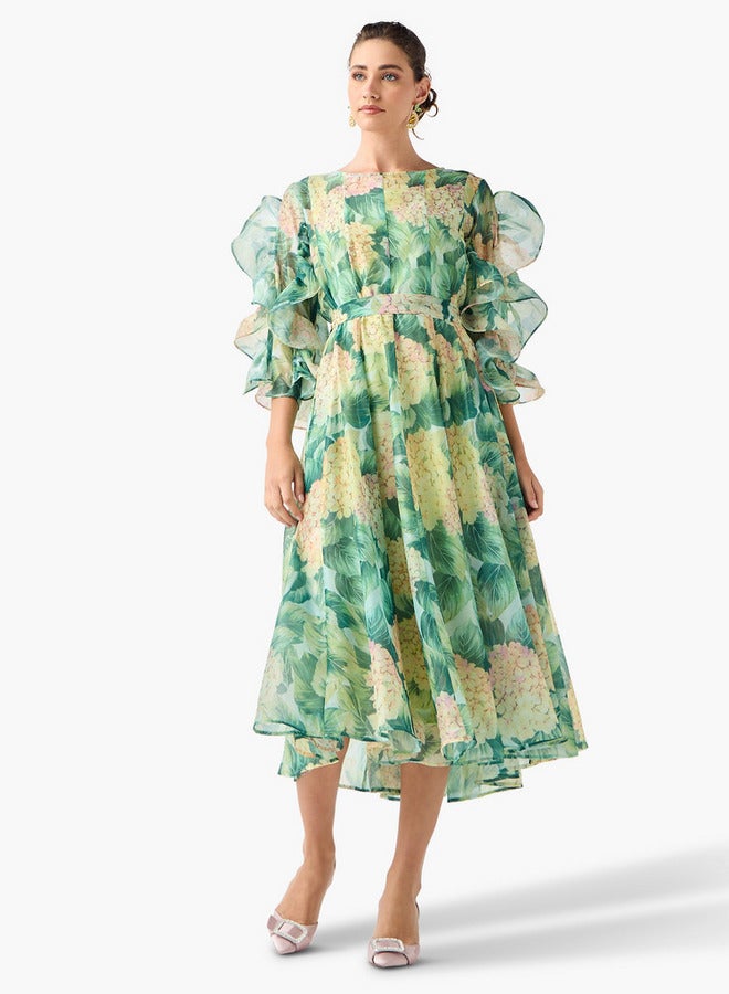 2Xtremz Floral Print Midi Dress with Ruffle Sleeves and Tie-Up Belt - Image 1