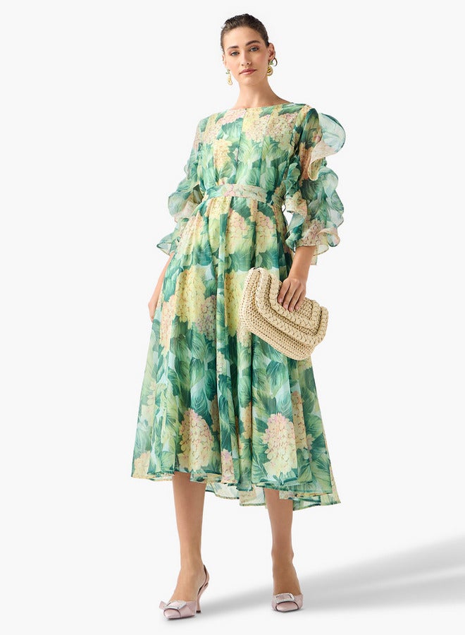2Xtremz Floral Print Midi Dress with Ruffle Sleeves and Tie-Up Belt - Image 2