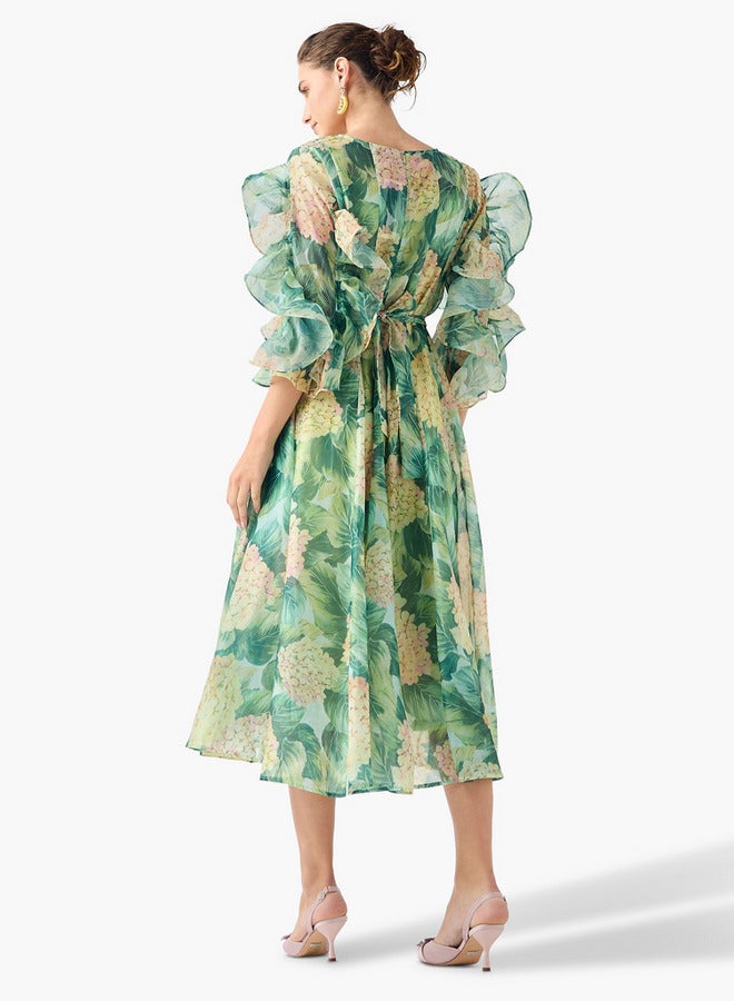 2Xtremz Floral Print Midi Dress with Ruffle Sleeves and Tie-Up Belt - Image 3