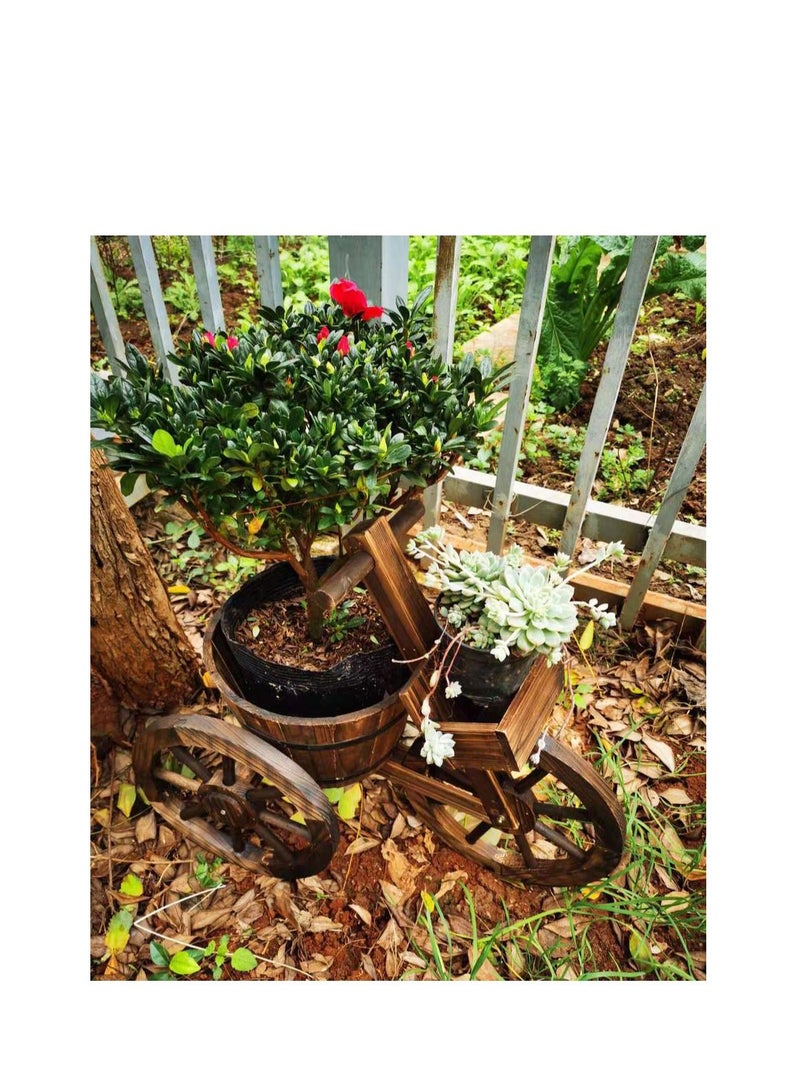 FFD Cycle Shaped Wooden Flowers Pot Wood Cart Garden Planter Pot With 3 Wheels Barrow Wagon Flower Barrel Outdoor Decoration for Patio Lawn Backyard Wooden Flower Vase Flowers Planter - Image 5