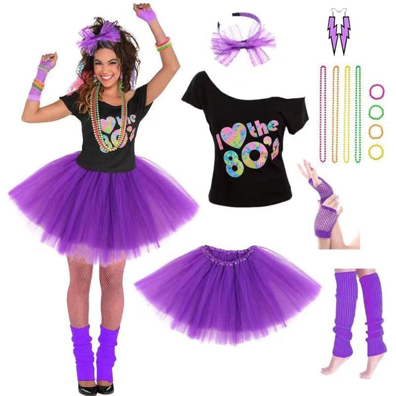 Womens 80s Costumes with Accessories Set Purple Tutu Skirt Earrings Necklace Bracelets Fishnet Gloves Legwarmers Headband Small24