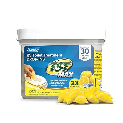 Camco TST MAX RV Toilet Treatment DropINs  Control Unwanted Odors  Break Down Waste and Tissue  Safe Septic Tank Treatment  Lemon Scent  30Count 41577 - Image 1