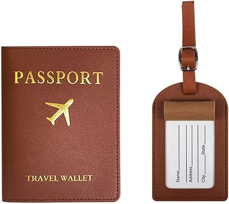 SOLDTRUE Passport Cover and Suitcase Tag Set, PU Leather Passport Holder, Luggage Tag with Address Label, Passport Cover for Credit Cards, ID and Travel Documents (Brown) - Image 1