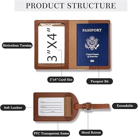 SOLDTRUE Passport Cover and Suitcase Tag Set, PU Leather Passport Holder, Luggage Tag with Address Label, Passport Cover for Credit Cards, ID and Travel Documents (Brown) - Image 2