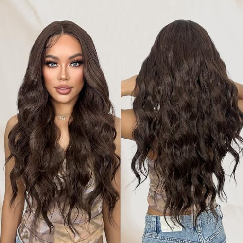 SUKRI 13×4 Dark Brown Lace Front Wig 26Inch Long Wavy Brown Wig with Baby Hair Synthetic Lace Front Wig for Women Daily Party Use - Image 2