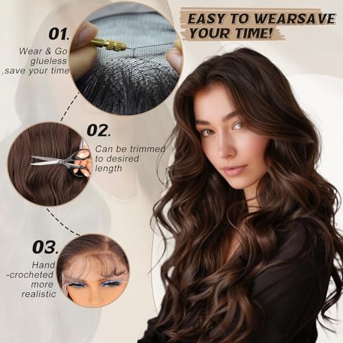 SUKRI 13×4 Dark Brown Lace Front Wig 26Inch Long Wavy Brown Wig with Baby Hair Synthetic Lace Front Wig for Women Daily Party Use - Image 4