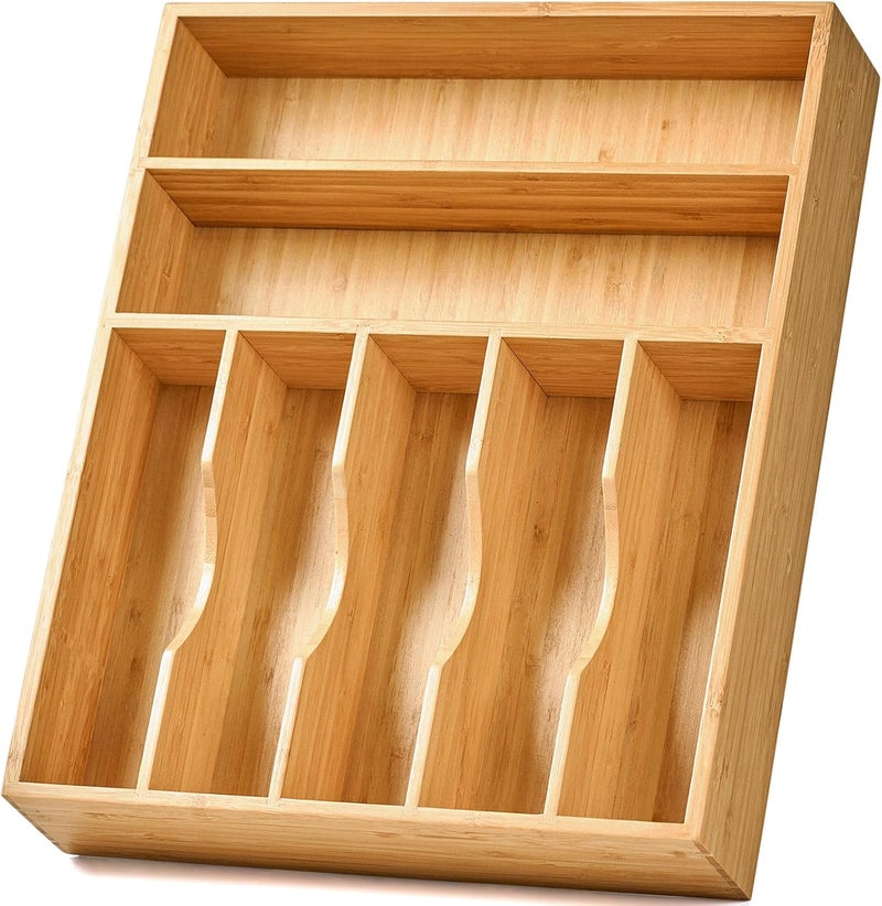 Umilife منظم أدراج المطبخ من أوميلايف من الخيزران 13 بوصة حامل أدوات المائدة عميق إضافي مقسم أدراج مجوف 7 فتحات إجمالية حاملة من الخيزران للأدوات المسطحة والسكاكين والشوك والملاعق - Image 1