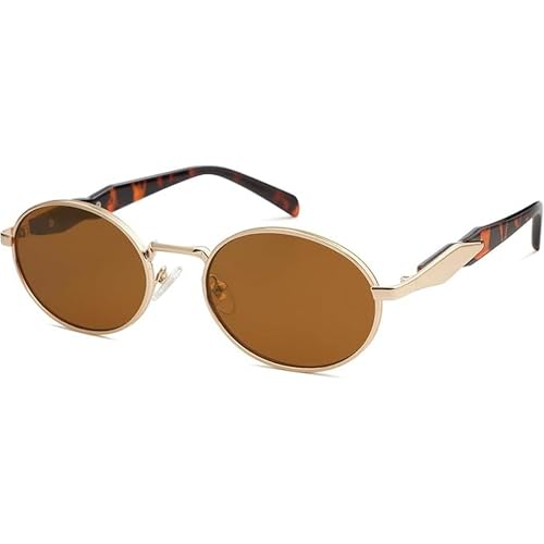 Dervin Retro Oval Sunglasses for Men & Women | Metal Frame | UV400 Protection | Durable, Stylish & Trending Shades (Gold-Brown) - Image 1