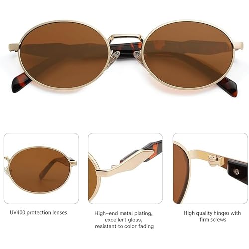 Dervin Retro Oval Sunglasses for Men & Women | Metal Frame | UV400 Protection | Durable, Stylish & Trending Shades (Gold-Brown) - Image 4