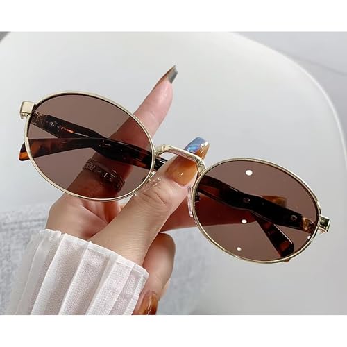 Dervin Retro Oval Sunglasses for Men & Women | Metal Frame | UV400 Protection | Durable, Stylish & Trending Shades (Gold-Brown) - Image 3