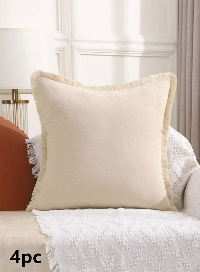 Kutis 4-Piece Modern Simplicity Quadrate Pillow Case Tassel Trim Cushion Cover Cotton Beige 45 x 45 Centimeter  - Image 1