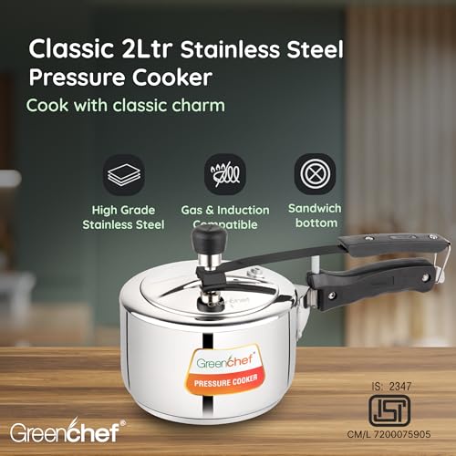 Greenchef Stainless Steel Inner lid pressure cooker 2 litre – Classic, ISI certified, Induction and Gas compatible, Glossy Finish, triply bottom, 5 Year Warranty - Image 3