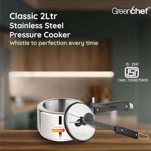 Greenchef Stainless Steel Inner lid pressure cooker 2 litre – Classic, ISI certified, Induction and Gas compatible, Glossy Finish, triply bottom, 5 Year Warranty - Image 2