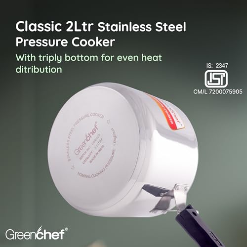 Greenchef Stainless Steel Inner lid pressure cooker 2 litre – Classic, ISI certified, Induction and Gas compatible, Glossy Finish, triply bottom, 5 Year Warranty - Image 5