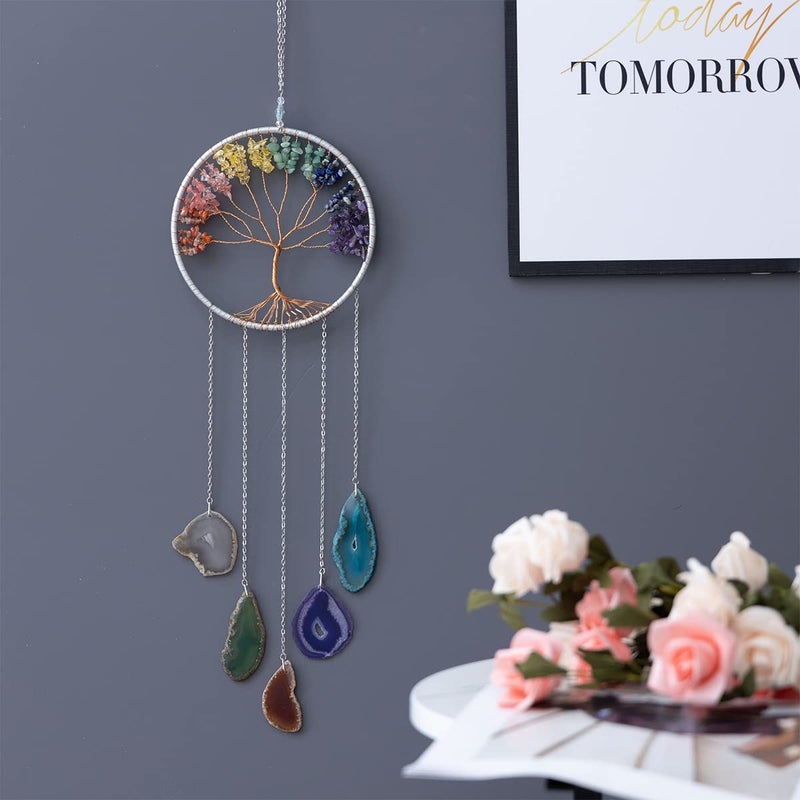 Dreamsum Gem Dream Catchers Agates 7 Chakra Gemstone Wall Hangings Tree of Life Meditation Ornament Home Chakra Feng Crystals Decor Stoneâ€¦ - Image 5