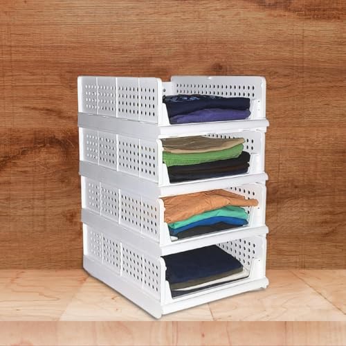 HomeStrap Set of 4, Small Stack it Up | Small Cloth Stacker | Foldable Shirt Storage Stacker for Wardrobe | Plastic Stackable Closet Organizer | White - Image 1