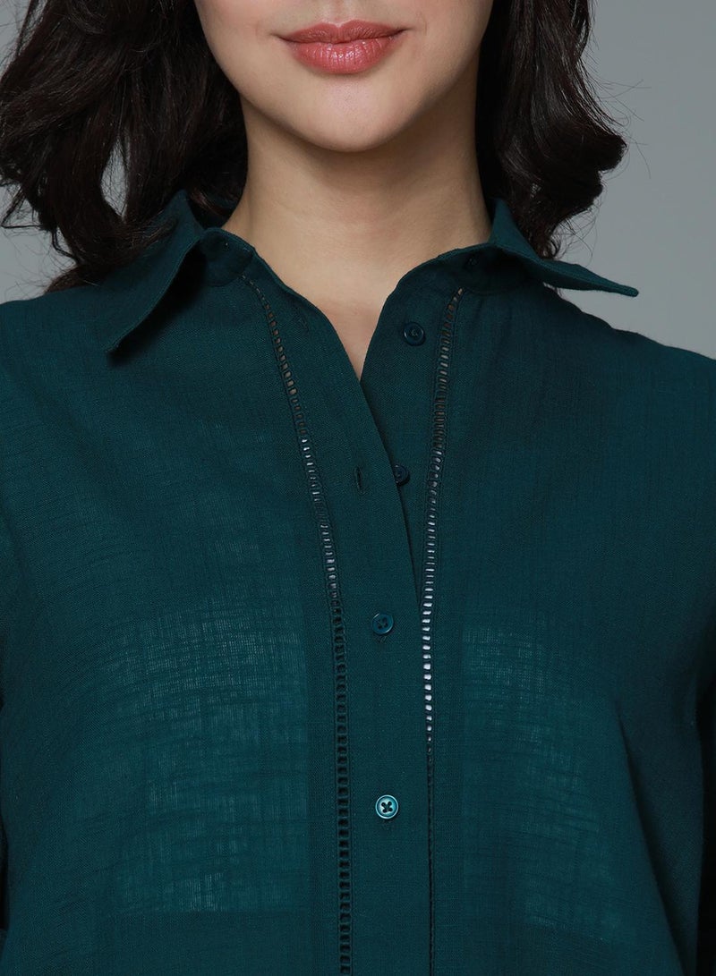 هاي ستار قميص نسائي بأزرار بلون تركواز سادة من الرايون - Image 5