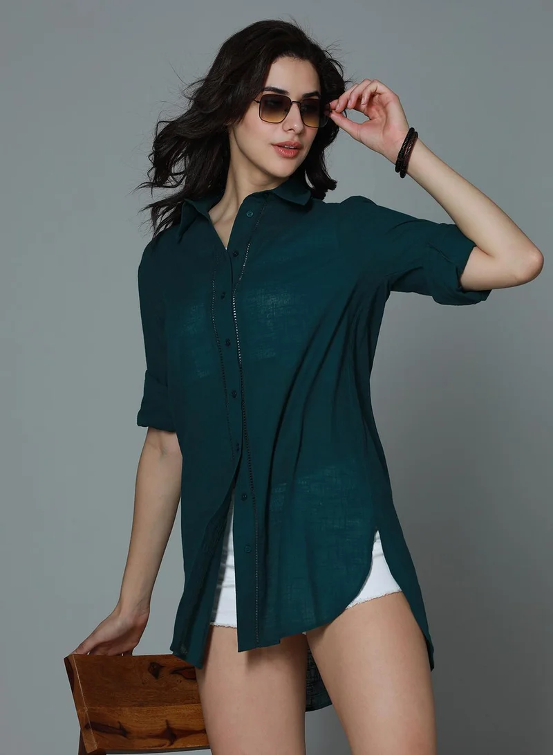 HIGH STAR  Women'S Teal Rayon Solid Pattern Button Down Shirt for Women | Best Price UAE