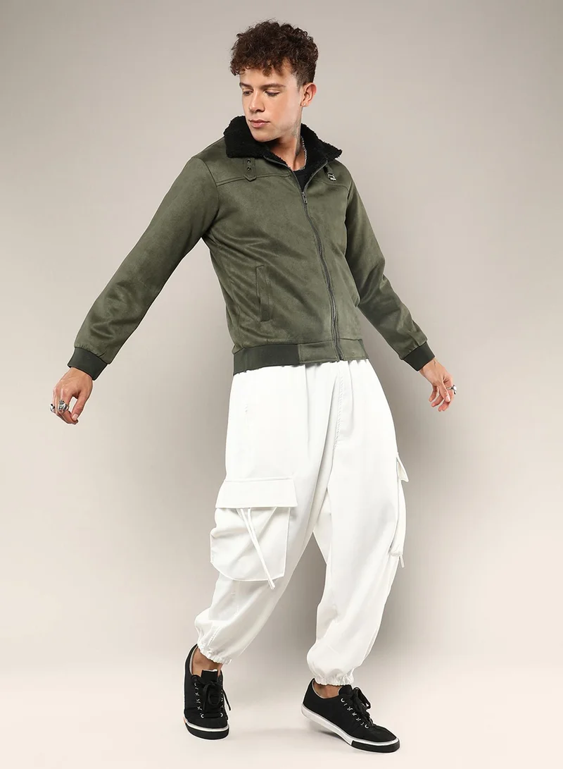 كامبوس سوترا Men's Army Green Fur-Lined Suede Bomber Jacket