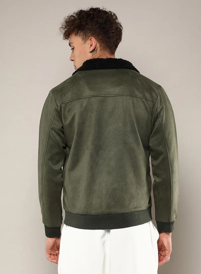 كامبوس سوترا Men's Army Green Fur-Lined Suede Bomber Jacket
