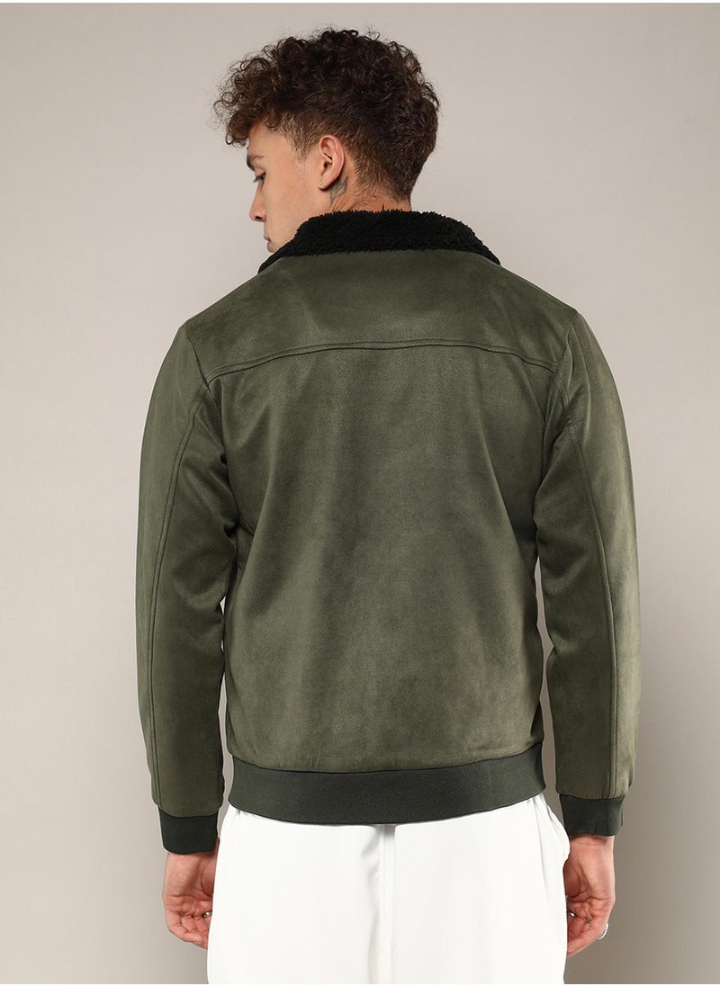كامبوس سوترا Men's Army Green Fur-Lined Suede Bomber Jacket  - Image 5