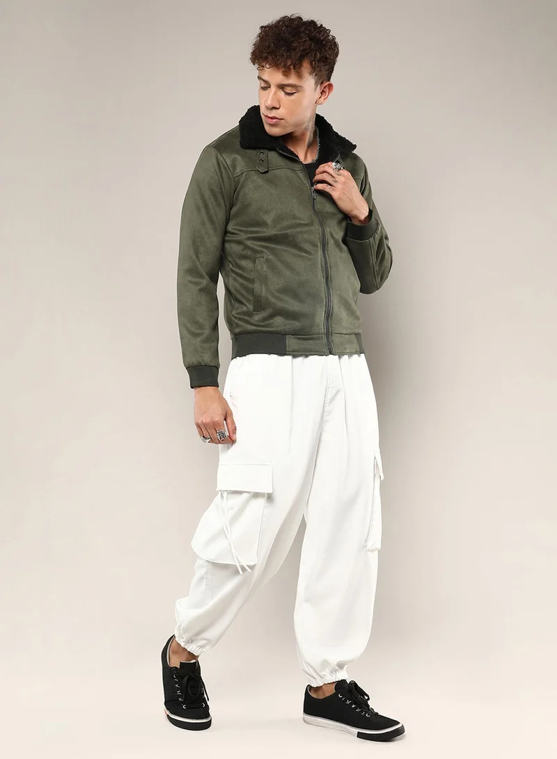 كامبوس سوترا Men's Army Green Fur-Lined Suede Bomber Jacket