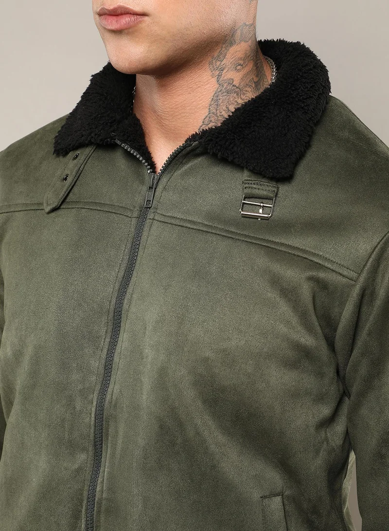 كامبوس سوترا Men's Army Green Fur-Lined Suede Bomber Jacket