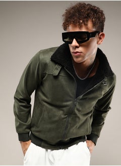 Campus Sutra Men's Army Green Fur-Lined Suede Bomber Jacket  - Image 1