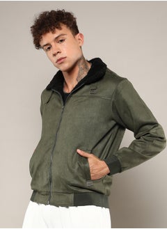 Campus Sutra Men's Army Green Fur-Lined Suede Bomber Jacket  - Image 3