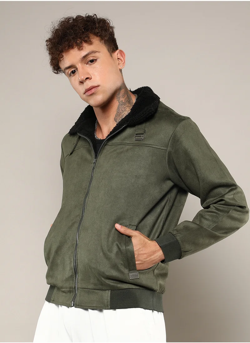 Campus Sutra Men's Army Green Fur-Lined Suede Bomber Jacket