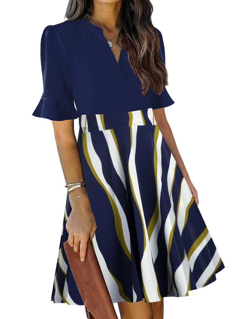 Dresses for Womens 2025 Summer Short Sleeve V Neck Sunday Church Modest Semi Formal Cocktail Aline Dinner Petite Swing Business Casual Professional Office Ladies Dress M