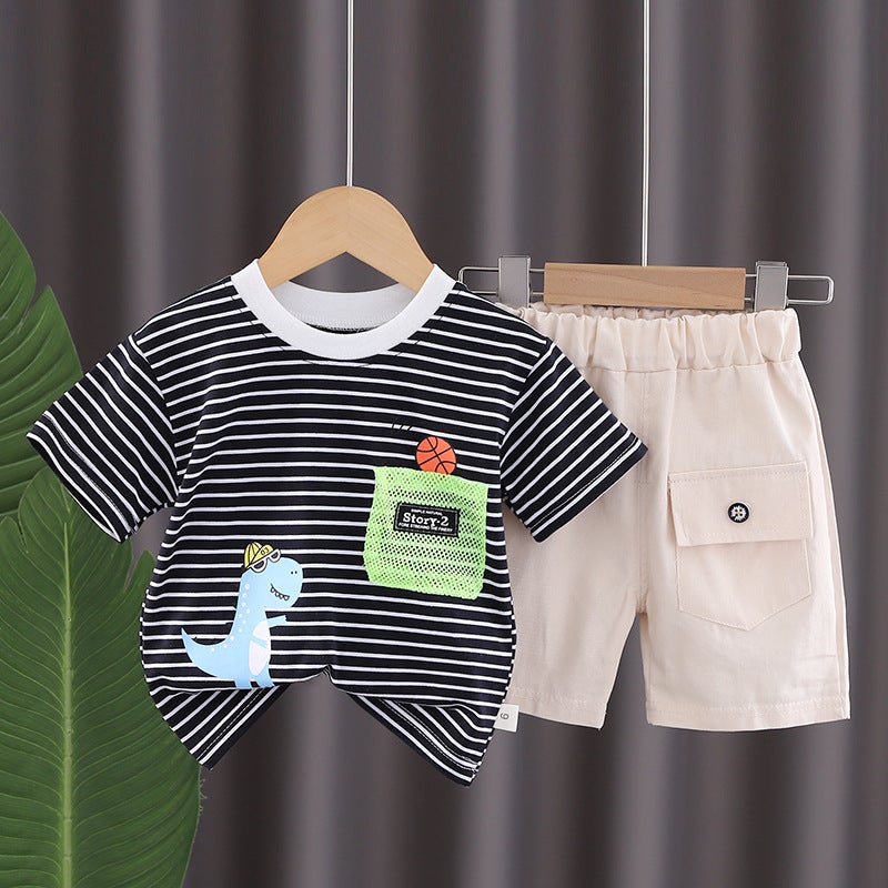 Boys Summer Short-Sleeved Suit New Children'S Western Style Fashion Shuai Shuai Dinosaur Shooting Short-Sleeved Two-Piece Fashionable Set - Image 2
